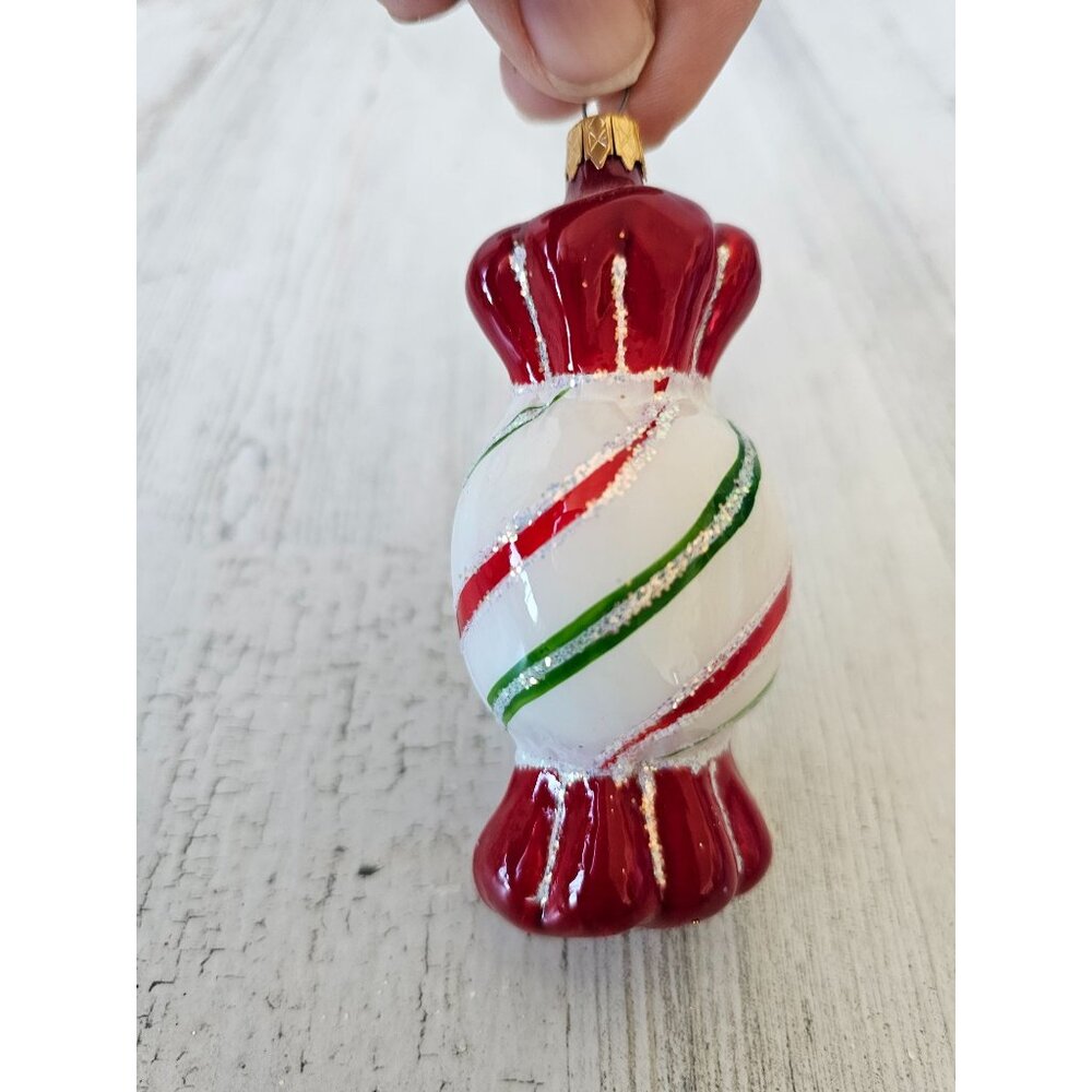 Glass candy‎ ornament Columbia vintage Xmas red glitter peppermint tree